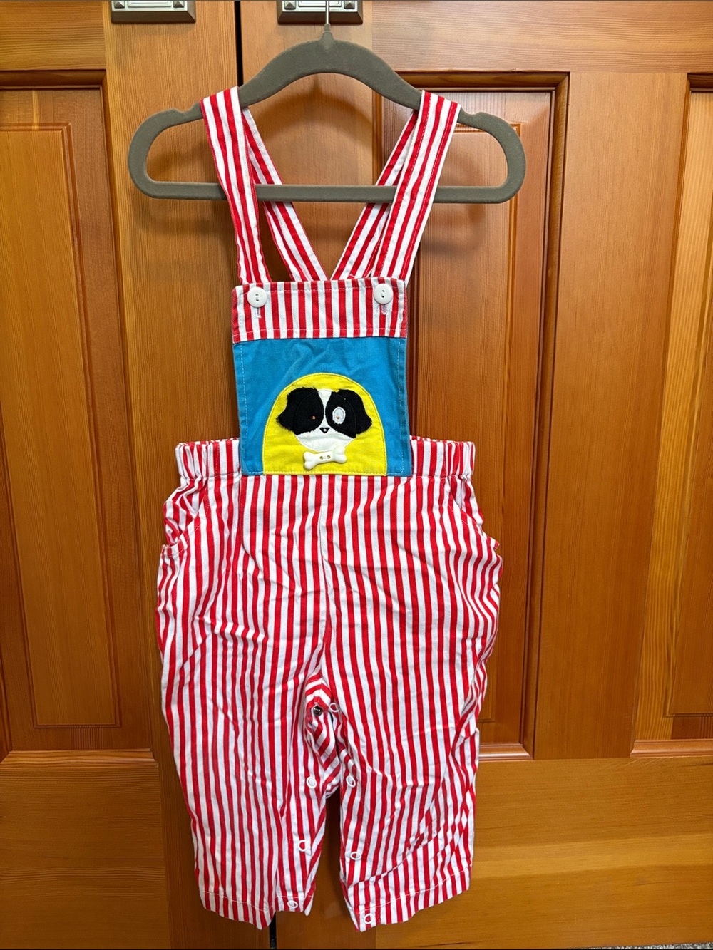 Vintage City Kids Red & White Striped Overalls with Puppy Patch 2/3